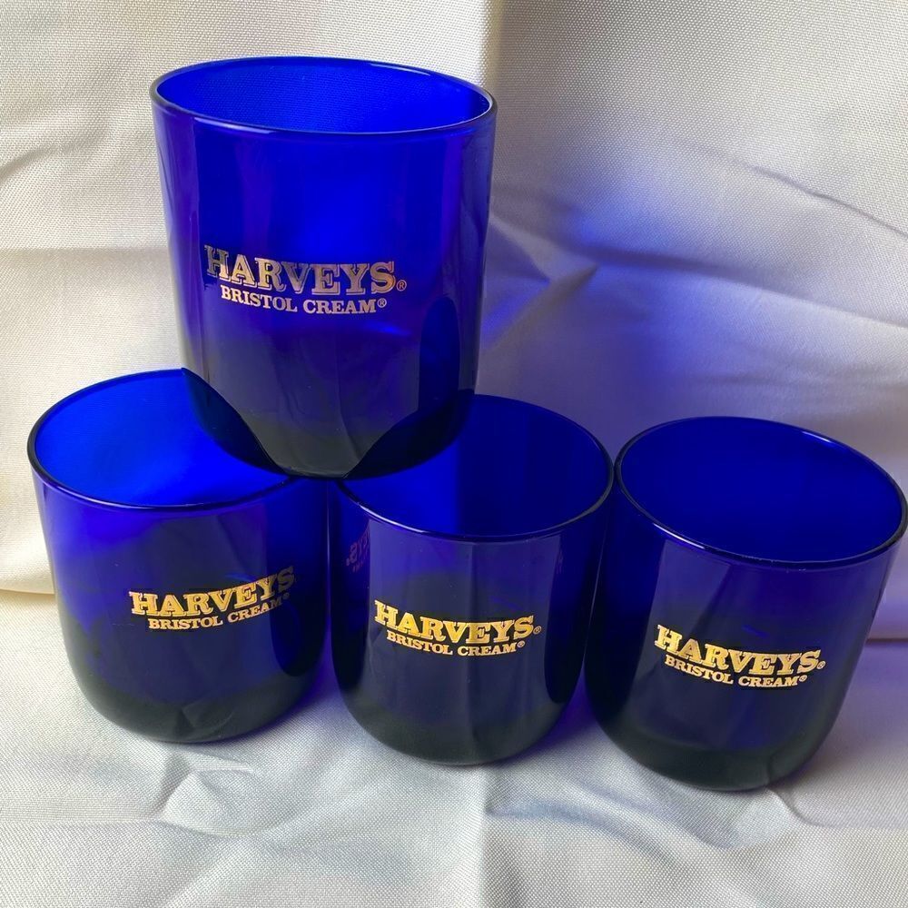 Highball glasses cobalt blue Harvey’s Bristle Cream 4 candle making cover logo